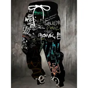 [Graffiti Print Sweatpants] 3D Graffiti Print Sweatpants - Men's Casual Polyester Joggers with Drawstring and Pockets - Slight Stretch Knit Fabric Menswear Trouser Mixed Color