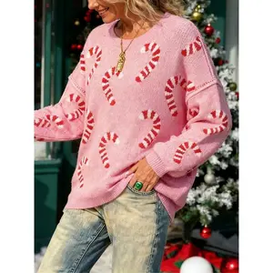 Women’s Loose-Fit Crewneck Knit Sweater, Long Sleeve, Candy Cane Pattern, Perfect for Holiday & Winter Fashion