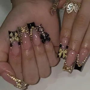 10-Piece Handmade Nail Art Stickers Set, Women's Full Coverage Reusable Press On Medium Square False Nails, & Gold French Tips, Sparkling Rhinestones