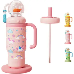 Stainless Steel Whale Fountain Tumbler with Handle, Drinking Cup with Whale Squirt, 24oz Whale Water Bottle Two Silicone Soft Tip, Leak-Proof Whale Fountain Tumbler for Kids Teens Adults (C-Yellow)