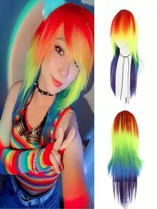 Rainbow Wig Scene Long Straight Colorful Synthetic Hair Pride Wigs Women Men Multi-Colored Wigs Anime Cosplay Halloween Costume Christmas Party Rainbow Outfit Mardi Gras Wig Synthetic Hairpieces