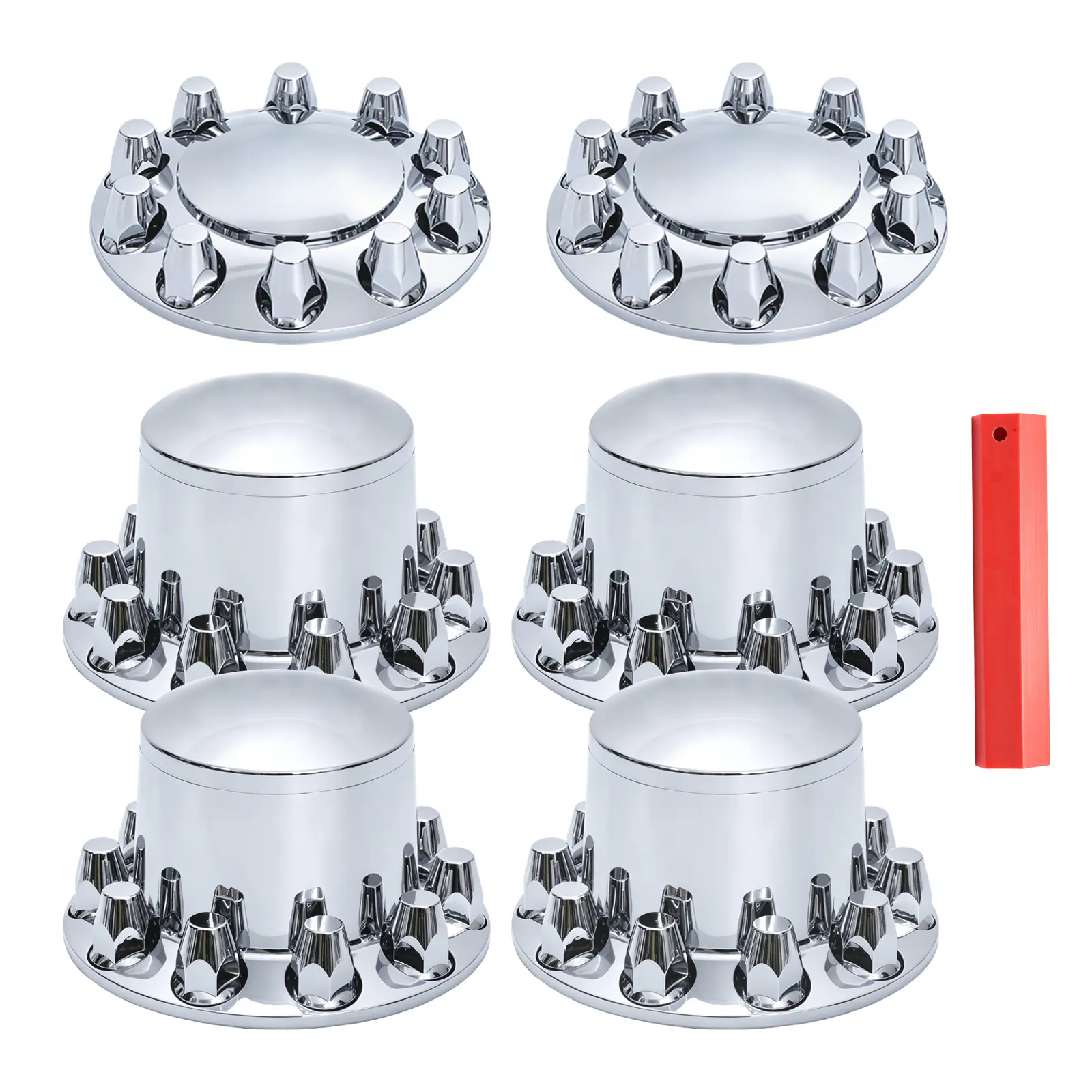 Chrome Plated 33mm Wheel Axle Cover Complete Set - Automotive Truck Accessories, Rust Resistant Plastic, Threaded Fit, Easy Install, 2 Front & 4 Rear Parts w/ Thread-On Lug Nut Covers, Includes Tool for Semi Trucks