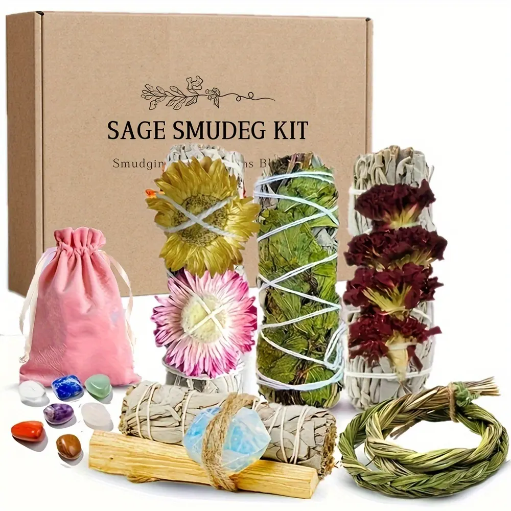 Sweetgrass Braids & White Sage Smudge Sticks Set with Starter Guide, 4 Varieties Floral White Sage, Palo Santo Opal Kit, 7 Chakra Stones, for Home Cleansing, Meditation & Yoga, Spiritual Beginner Altar Gift Set