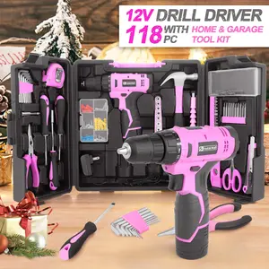 FADAKWALT 12V Pink Cordless Drill Set 118PCS Electric Drill Driver & Household Tool Kit with DIY Screwdriver LED 180 inch-lbs Torque for Home Maintenance Portable Power Tools Wood Bits Motor