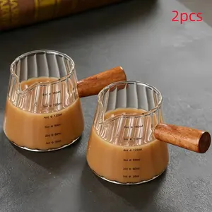 2pcs Italian Espresso Coffee Cups, Wooden Handle, Milk Frother Measuring Cup, Heat-Resistant Kitchen Tool, for Coffee, Milk, Tea, Syrup, Utensils