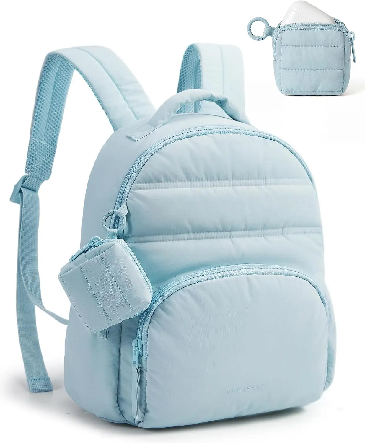 BAGSMART Small Backpacks for Women, Lightweight Puffer Mini Backpack Purse with Pouch, Quilted Casual Daypack, Water-Resistant Bookbag for Daily Travel College, 2-in-1 Set, Baby Blue Gift