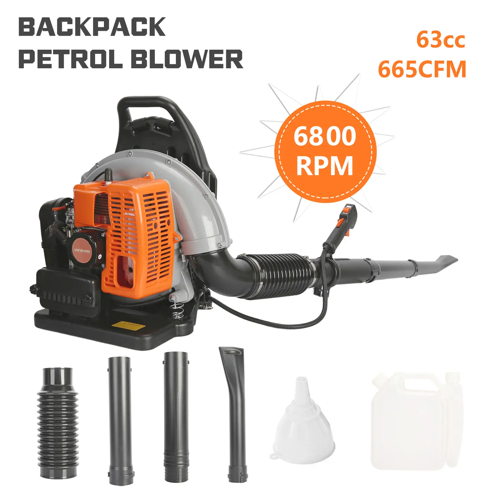 Portable 63cc 2-Stroke Gas Powered Backpack Blower, 665CFM, 6800RPM Multi-Purpose Outdoor Snow Blower, Gas Powered Blowers