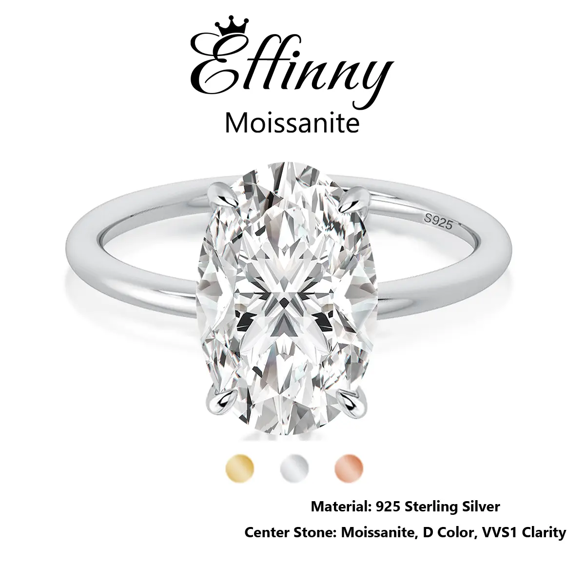 Effinny Synthetic Moissanite 4.0 Carat Excellent Oval Cut Solitaire D Color VVS1 Hypoallergenic Engagement Ring, 925 Sterling Silver Women's Golden Plated Ring for Daily, Wedding, Party, Birthday, Engagement Rings