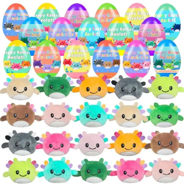 24 PCS Easter Themed Prefilled Eggs with Safe Plush Axolotl Plush Toy Miniature Set, Soft Capsule Toys for Boy, Easter Basket Stuffers, Egg Hunt Fillers, Yes