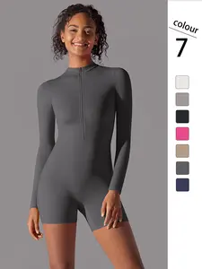 Women's Solid Zip Up Thumb Hole Design Sports Jumpsuit, Long Sleeve Stand Collar Jumpsuit for Yoga Gym Workout, Ladies Sportswear for All Seasons, Stretchable Activewear