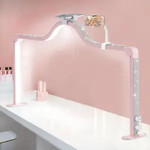 Upgraded Nail Tech Lamp with Dual Phone Holder, 34 in Foldable Large Nail Light for Desk, 3 Modes 3000K-6000K LED Manicure Lamp, Half Moon Light for Lash Eyelash Extension, Tattoo, Eyebrows
