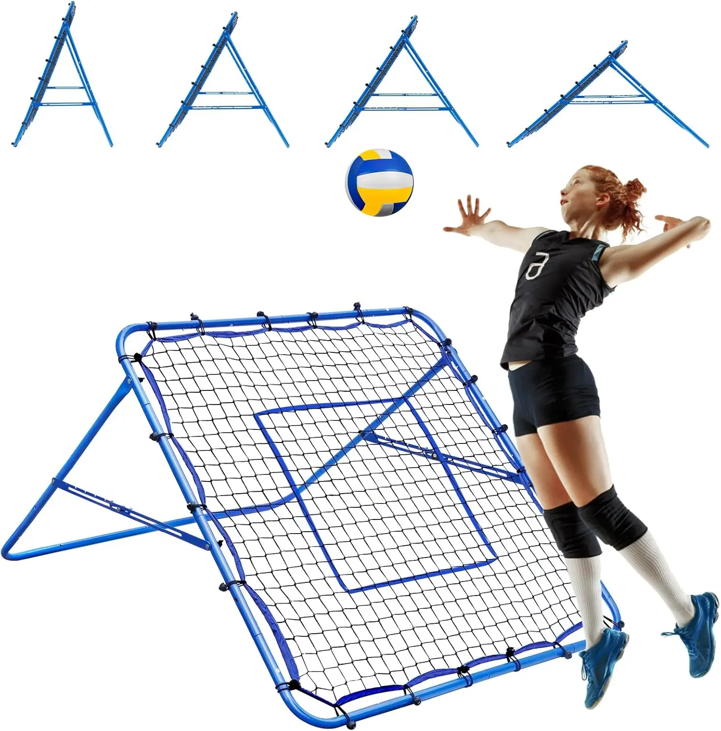 Winthai 4x4FT Volleyball Rebounder Net, Soccer Rebounder Pitchback Net with 2 x 6-Angle Quick Adjustments, Target Ribbon for Precision Women Game Training