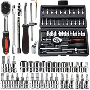High-end professional 46-tool set, automotive/bicycle repair mechanical tool kit, 1/4" drive depth and standard socket, professional racing-grade automotive part repair quick ratchet wrench and other automotive repair accessory tool kits