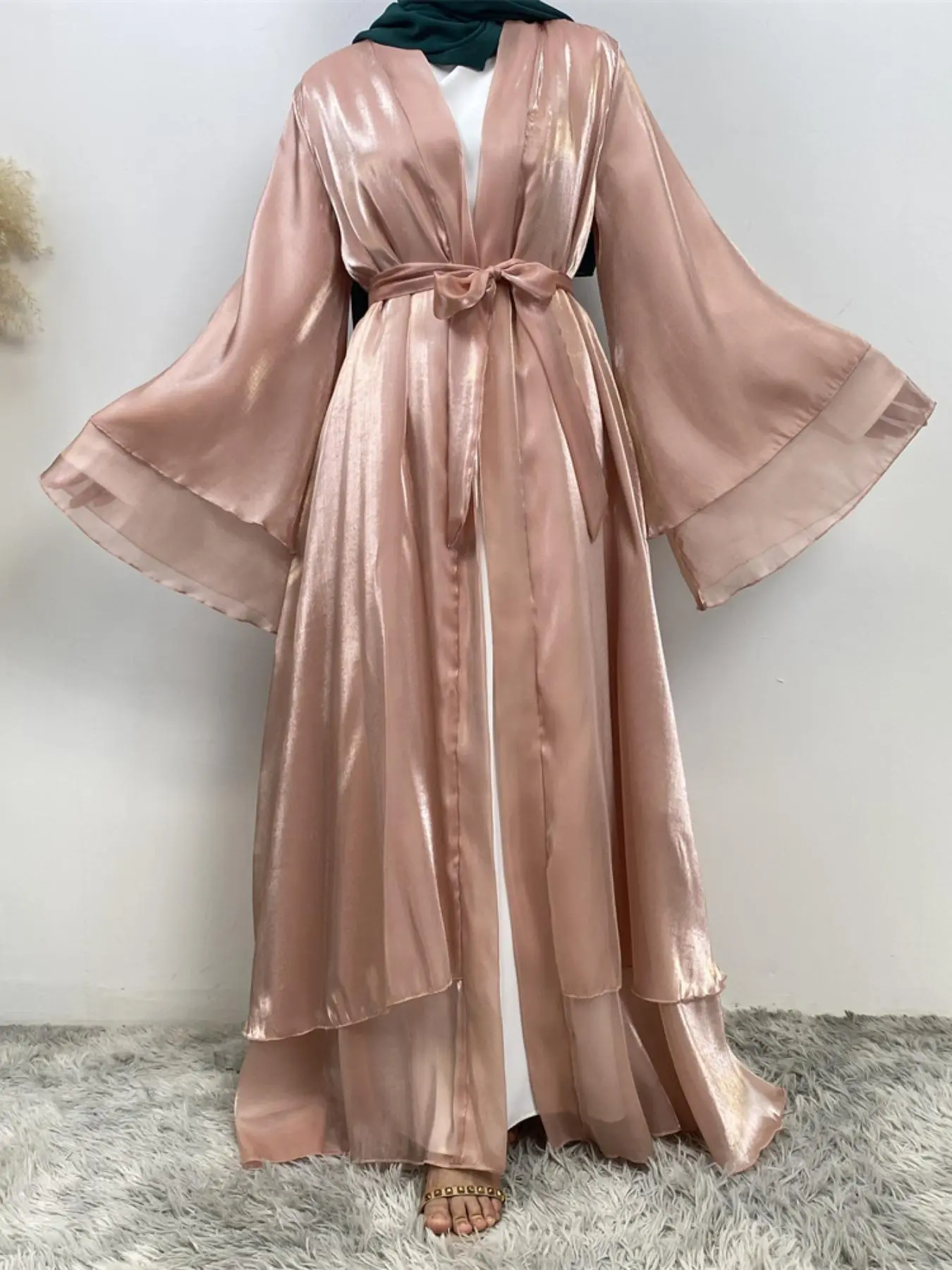 Women's Solid Color Belted Loose Fit Abaya without Hijab, Modest Casual Long Sleeve Open Front Outwear, Ladies Islamic Clothing for Spring & Fall,  Abaya for Women, Loose Abayas