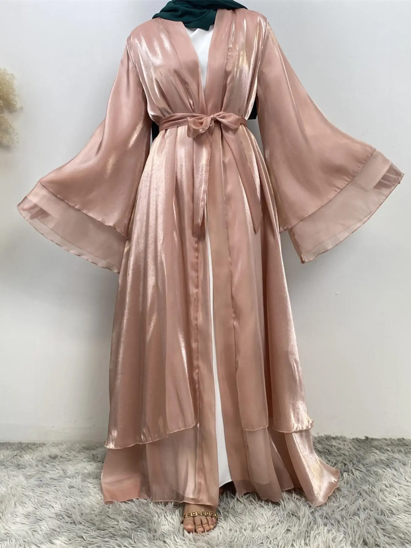 Women's Solid Color Belted Abaya without Hijab, Modest Casual Long Sleeve Open Front Outwear, Ladies Islamic Clothing for Spring & Fall, Abaya for Wo