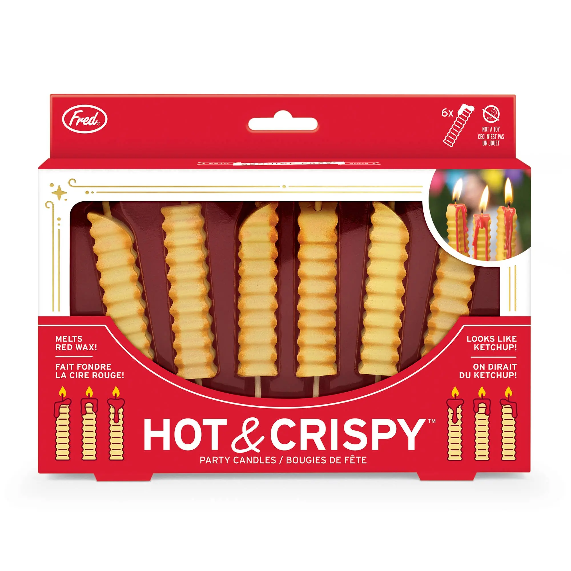 6-Pack French Fry Shape Decor Candles - Hot & Crispy Design, Red Wax Melts, Ketchup Drip Detail, 2.4" Tall, Gold Accents, Fun Reveal, Window Box Packaging for Party Fun
