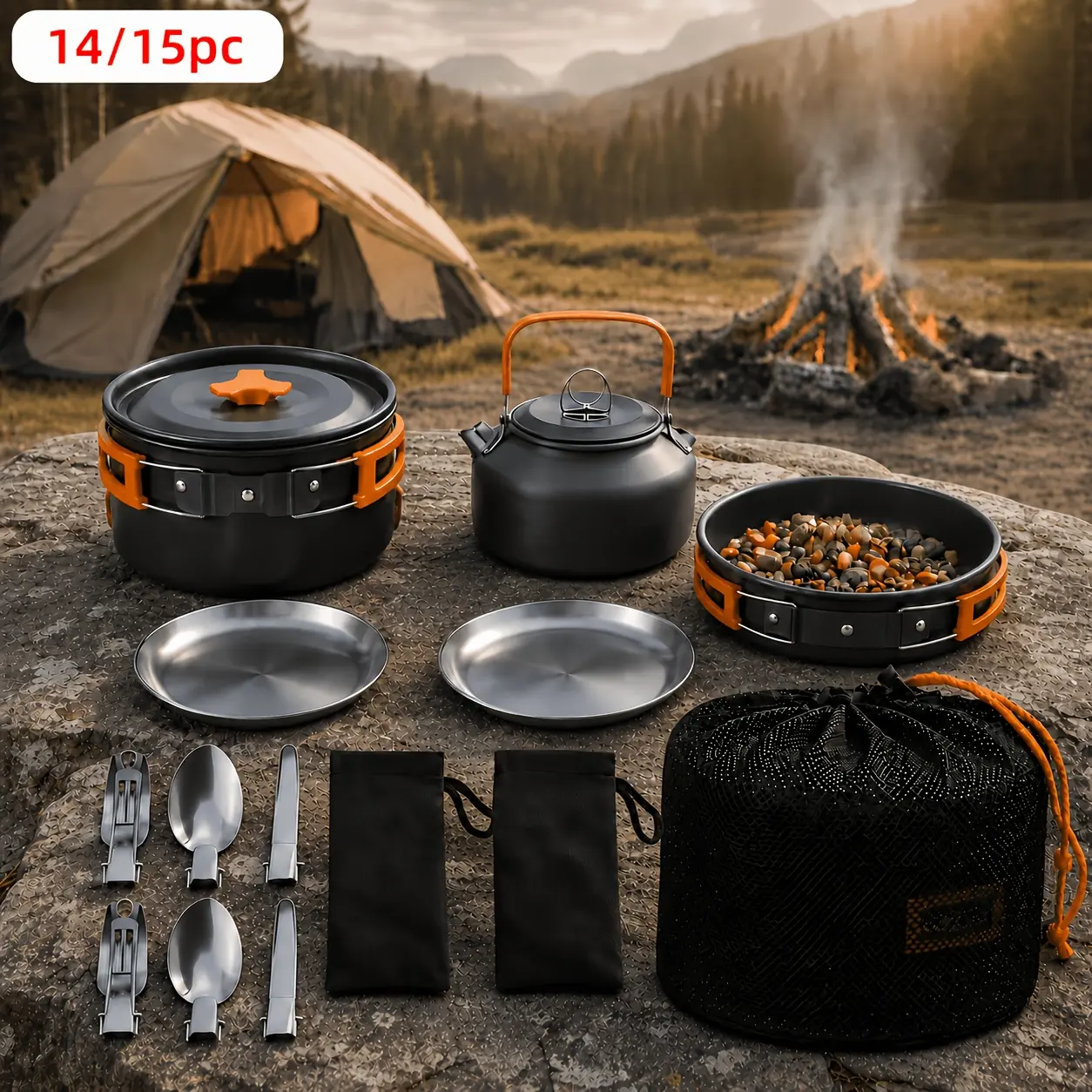 14/15pcs Camping Cookware Mess Kit, Portable Non-Stick Aluminum Alloy Cookware, Kettle Pot Frying Pan Plates Forks Knives Spoons For Camping, Backpacking, Outdoor Cooking