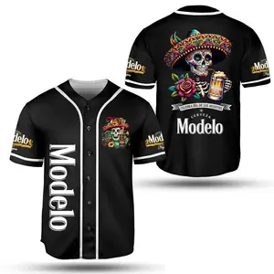 All Black Skull Drinking Mexican Beer Celebra Dia de los Muertos Baseball Camisa Drinking Mexican Spirit Jersey For Men and Women