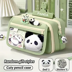Seven-Piece Panda Pencil Case Set, Includes Panda Doll Stickers, School Supplies, Back to School Essentials, Cute Stationery Kit