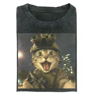 Funny Tactical Cat Meme T-Shirt: Playful Military Kitty Night Ops Graphic Tee, Viral Internet Humor Pet Design for Everyday Chill, Unisex Crew Neck with Soft Cotton Relaxed Fit, Retro Faded Vintage Vibe, Cozy Oversized Gift for Men and Women