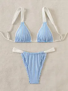 Women's 2-Piece Blue and White Striped Triangle Bikini Set, Adjustable Lace-Up Closure, Beachy Bright Custom-Fitted 2-Piece Bikinis Set, Beachy Bikinis Set