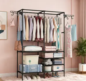 Freestanding Garment Rack - Multi-Functional Plastic Closet Organiser with 4-Level Shelves, Rotatable Hangable Hooks, 66.1×42.1×14.2in Size, Easy Installation for Closet Organization, Laundry Room Storage