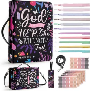 19 PCS Floral Bible Cover PU Leather Cases Journaling Kit Church Bag with Shoulder Strap Book Marker Highlighter and Pens For Women Christian Gift