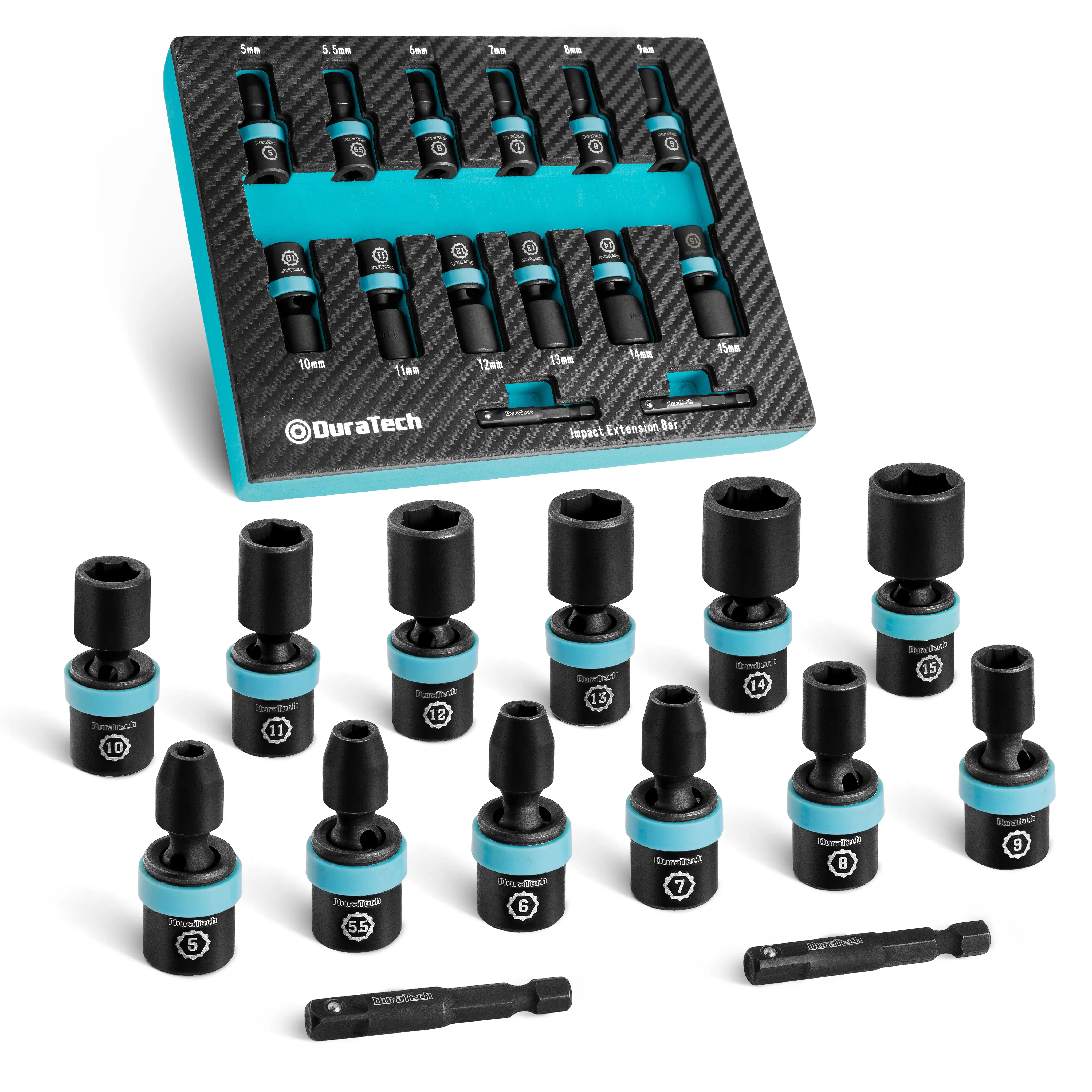 #summersale DURATECH 1/4" Drive Impact Universal Joint Socket Set, Swivel Socket Set, 14-Piece, Metric Impact Sockets (5-15 MM) with 2" Extension Bars, Cr-Mo Steel, Organized in EVA Foam Organizer