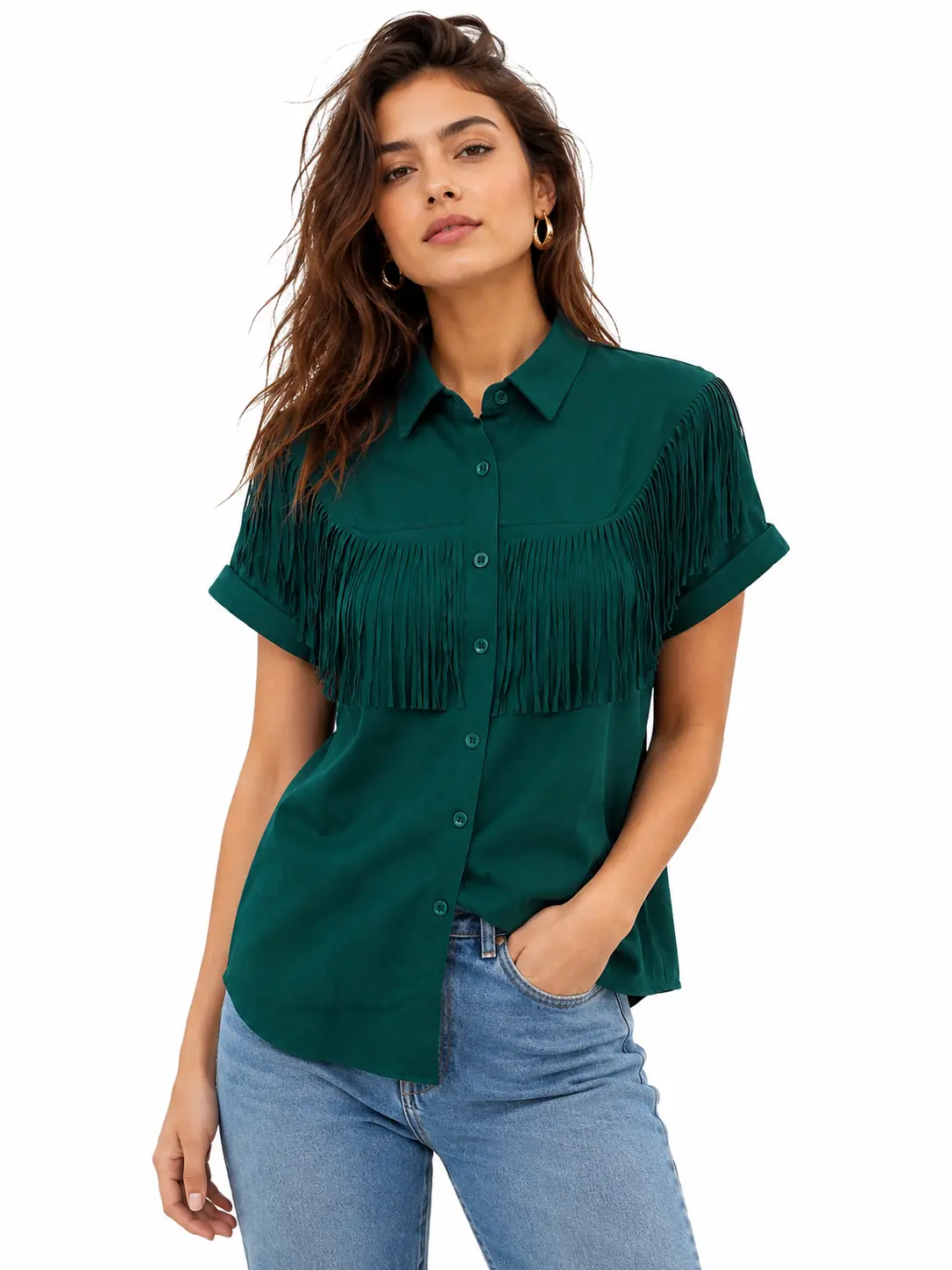 Women’s V-neck short-sleeve casual button-up blouse with tassels, designed for festive occasions