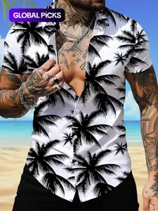 Men's All Over Tropical Palm Tree Print Button Front Shirt, Regular Fit Casual Printed Short Sleeve Collared Top for Summer, Men's Clothes for Beach Vacation