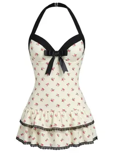 RETRO STAGE Women's 1940s Beige Halter Polka Dot 1-Piece Swimsuit, Backless Bathing Suit with Ruffled Hem, Dainty Bow & Vintage Charm, Comfortable Fit, One Piece Swimsuits