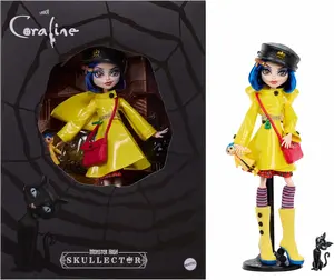 Skullector Doll, Coraline Collectible in Yellow Raincoat with Dress and Accessories Like Rag Doll, Cat Figure, and Doll Stand