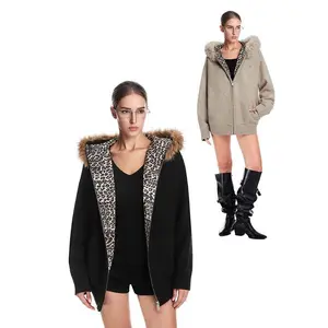 FDR Detachable Faux Fur Collar Sweater, Leopard Print Hoodie, Unisex Warm Winter Cardigan, Women’s Knitwear Top, Pullover, Long Sleeve