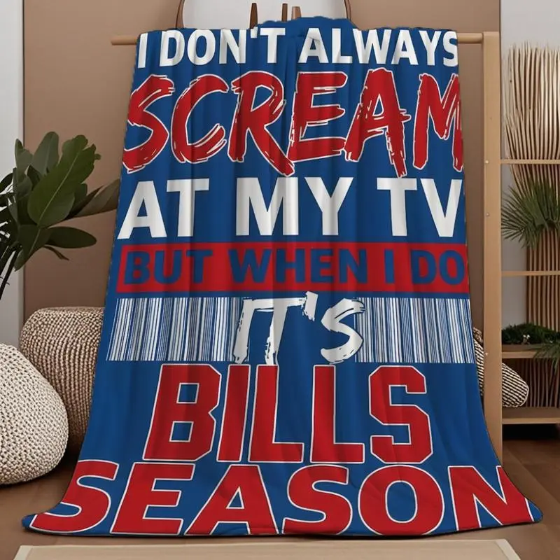 Bills Season TV Scream Flannel Blanket - Soft, Cozy, Breathable, Wrinkle-Resistant All-Season Throw with Bold Red-Blue Letters, Contemporary Home Decor for Bed, Sofa - Ideal for Christmas Watch Party Gifts