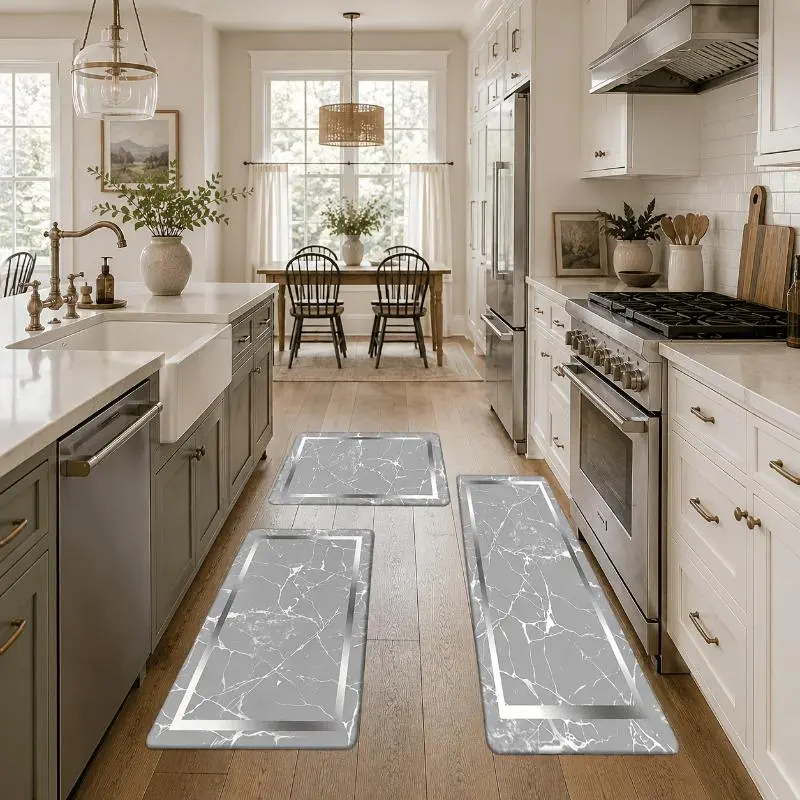 2Piece 3Piece Marble Kitchen Floor Mat Set, Non Slip Rubber Backing Kitchen Rugs, Water Absorbent Washable Runner Mat for Home Kitchen Decor