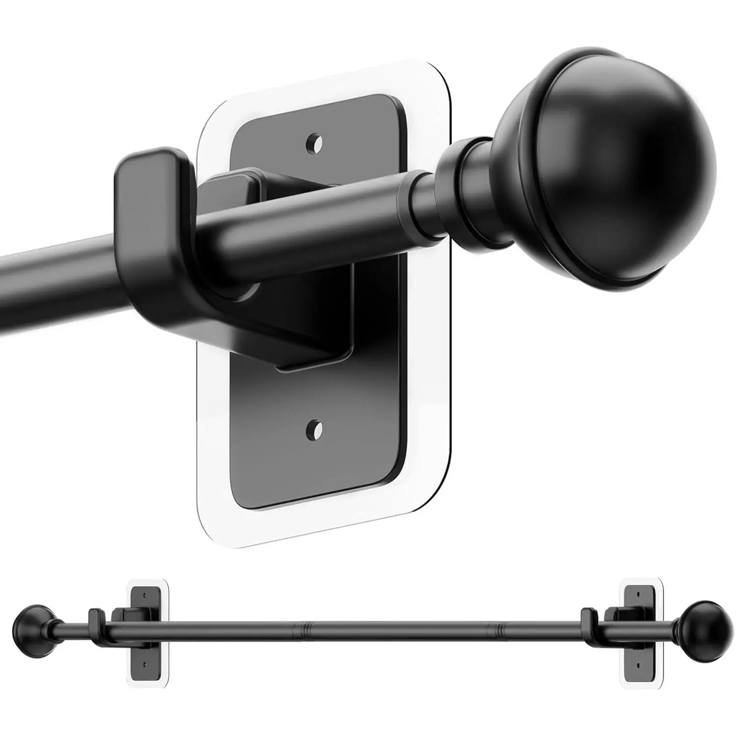 No Drill Curtain Rods for Window 28 to  Inches, 5/8 Inch Diameter Renter Friendly Drapery Rod with Adhesive Brackets without Drilling, Adjustable from 27 to 52 Inches, Black