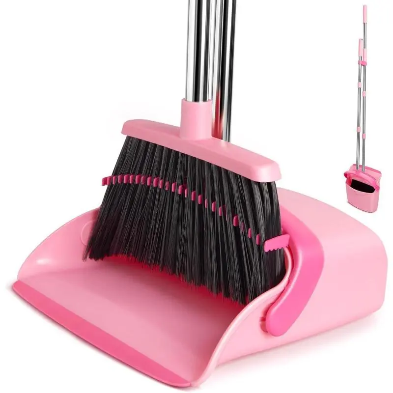 Broom and Dustpan Set, Dustpans with Broom Combo for Home, Heavy Dust Broom and Dustpan Combo, Long Handle Dust Pan and Broom Set for Kitchen, Office, ,Pink, Pack of 1