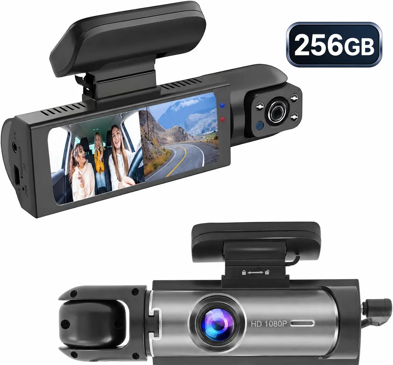 Front and Rear Dual-Lens Dash Cam featuring Infrared Night Vision, Loop Recording, Wide-Angle Lens, 3.16-inch IPS Screen, and Parking Monitor Mode (Black - 256GB)