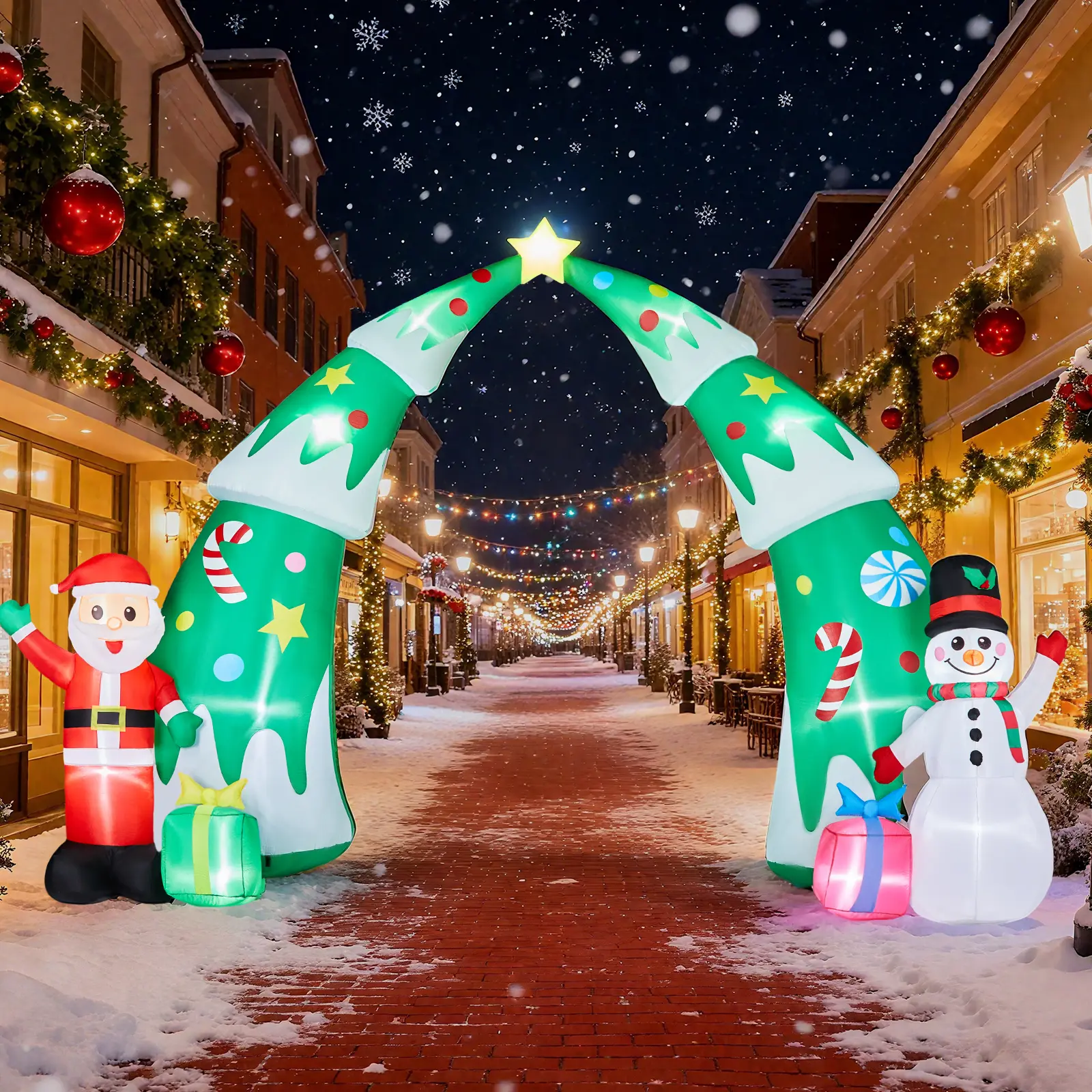 15FT Lighted Christmas Inflatable Archway, Built-in 13 LED Lights + Santa & Snowman, Waterproof Blow Up Yard Decor with Stakes/Ropes, Quick Setup for Holiday Front Yard Lawn Garden