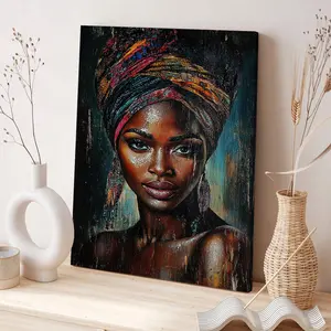 African Style Black Female Figure Pattern Canvas Painting with Frame, Modern Abstract Art Decoration, Wooden Wall Art for Home Living Room Bedroom Office, Ornaments