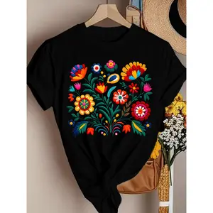 COD Mexican Color Floral Fiesta Letter Print T-shirt, Casual Short Sleeve Crew Neck Top Women's Clothing