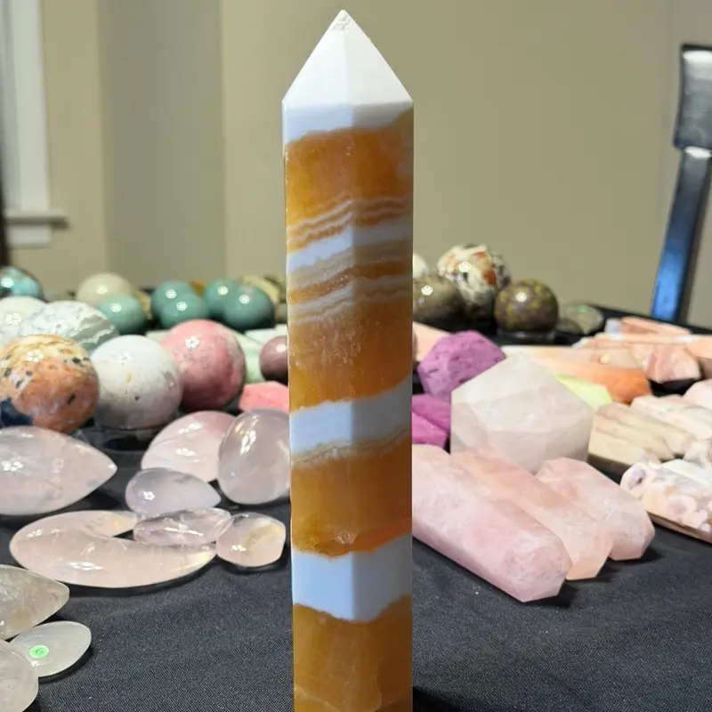 Striated Orange Calcite Crystal - Natural Polished Healing Stone for Energy Cleansing and Meditation. 825 grams 9 inches