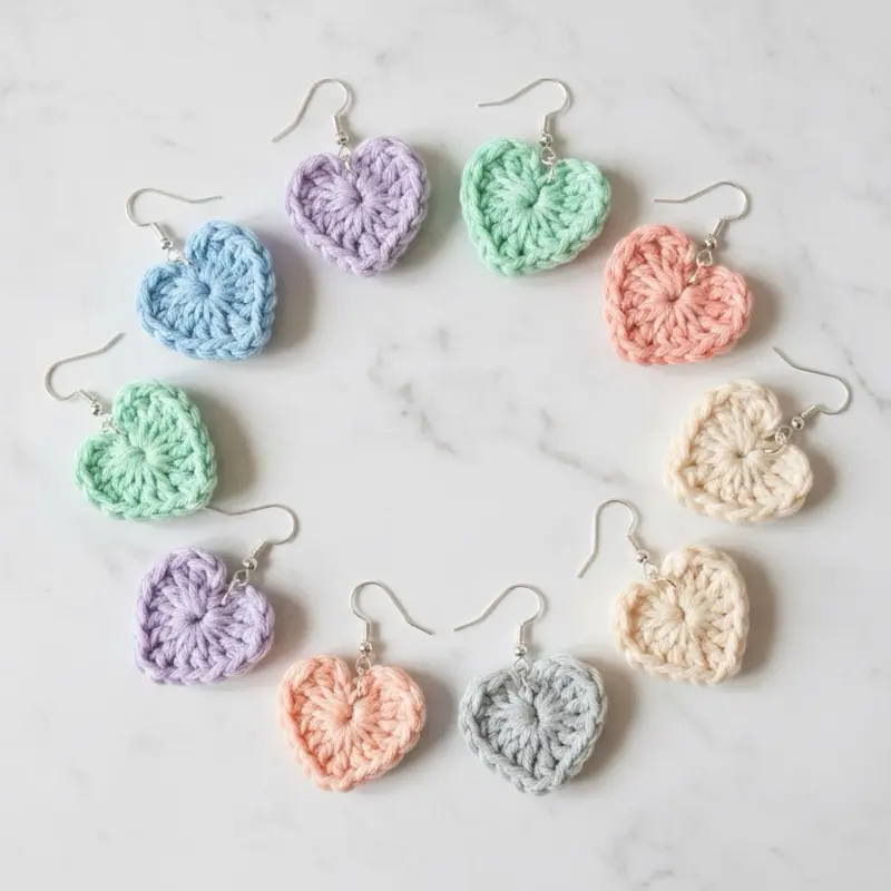 Women's Handmade Micro Crochet Heart Dangle Earrings - Non Tarnish Cottagecore Jewelry, Wood Gold Brass Earring for Women, Gift for Her