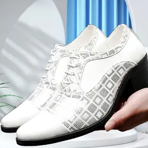 Men'S White & Golden Geometric Pattern Loafers - Height-Boosting Business Casual Shoes with Chunky Heel, Lace-Up Design, Faux Cover & Rubber Sole for Professional or Stylish Outfits, Dressy Shoes