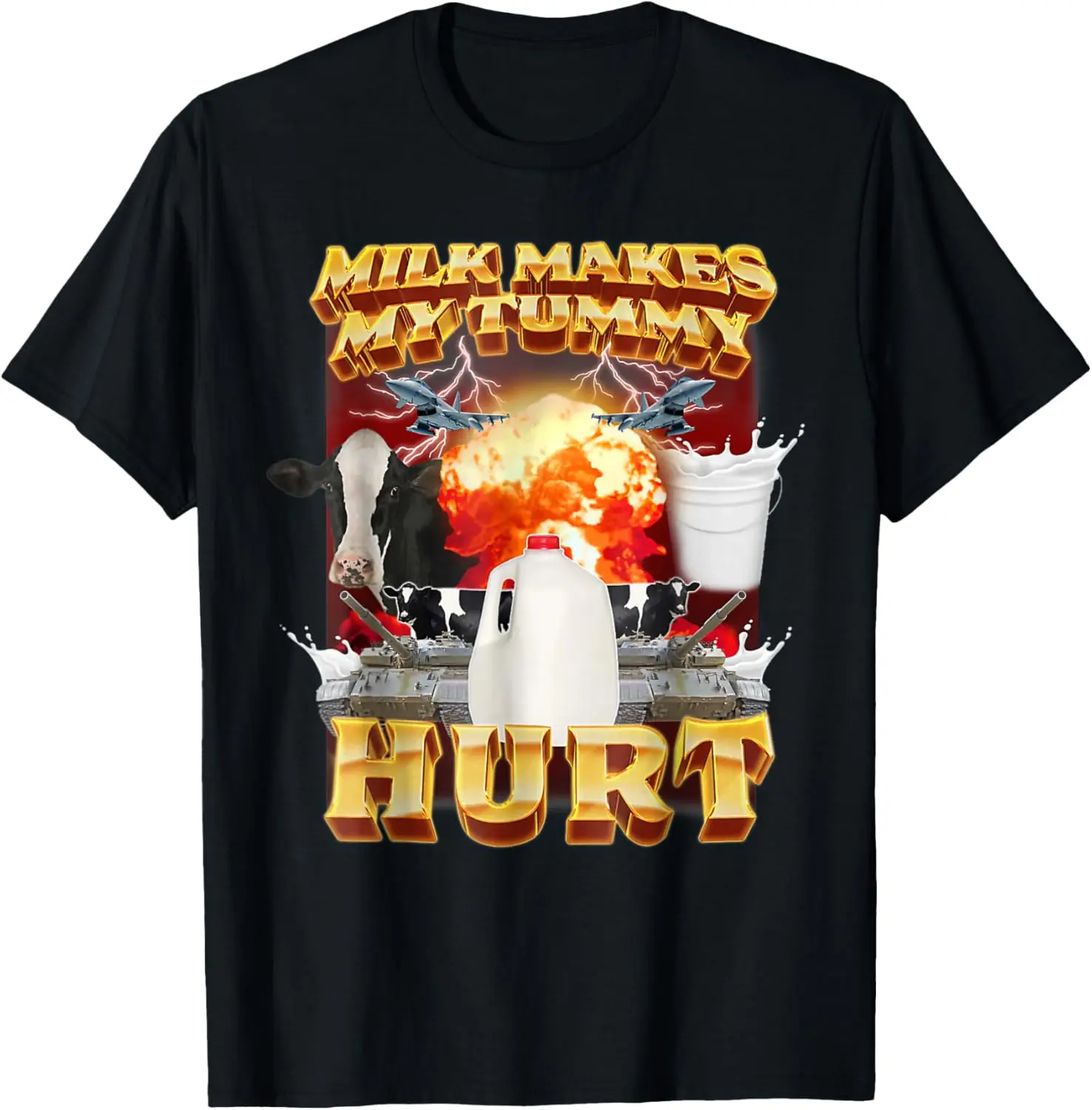 Men's Pure Cotton Soft Round Neck Short-Sleeve T-Shirt - Streetwear Top, "Milk Makes My Tummy Hurt" Dank Meme Design, Ideal for Sports, Menswear Gift Option