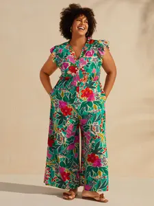 BLOOMCHIC 2026 Sunkissed Floral Print Button Wide-Leg Jumpsuit - Cap Sleeve Fitted Boho Style Below the Ankle Hem Summer Wear Womenswear Frill Bohemian Overalls Pocket Navy Black Rompers SpringStatements