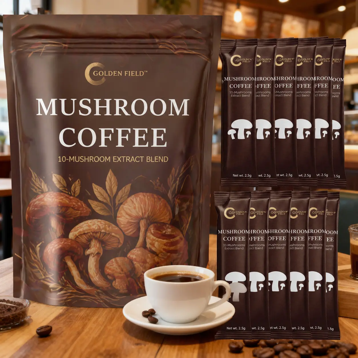 Premium Mushroom Coffee 30 Servings Instant Coffee Sticks, Medium Roast Coffee Mix with 10 Mushroom Extract Blend, Convenient Travel Coffee Sachets