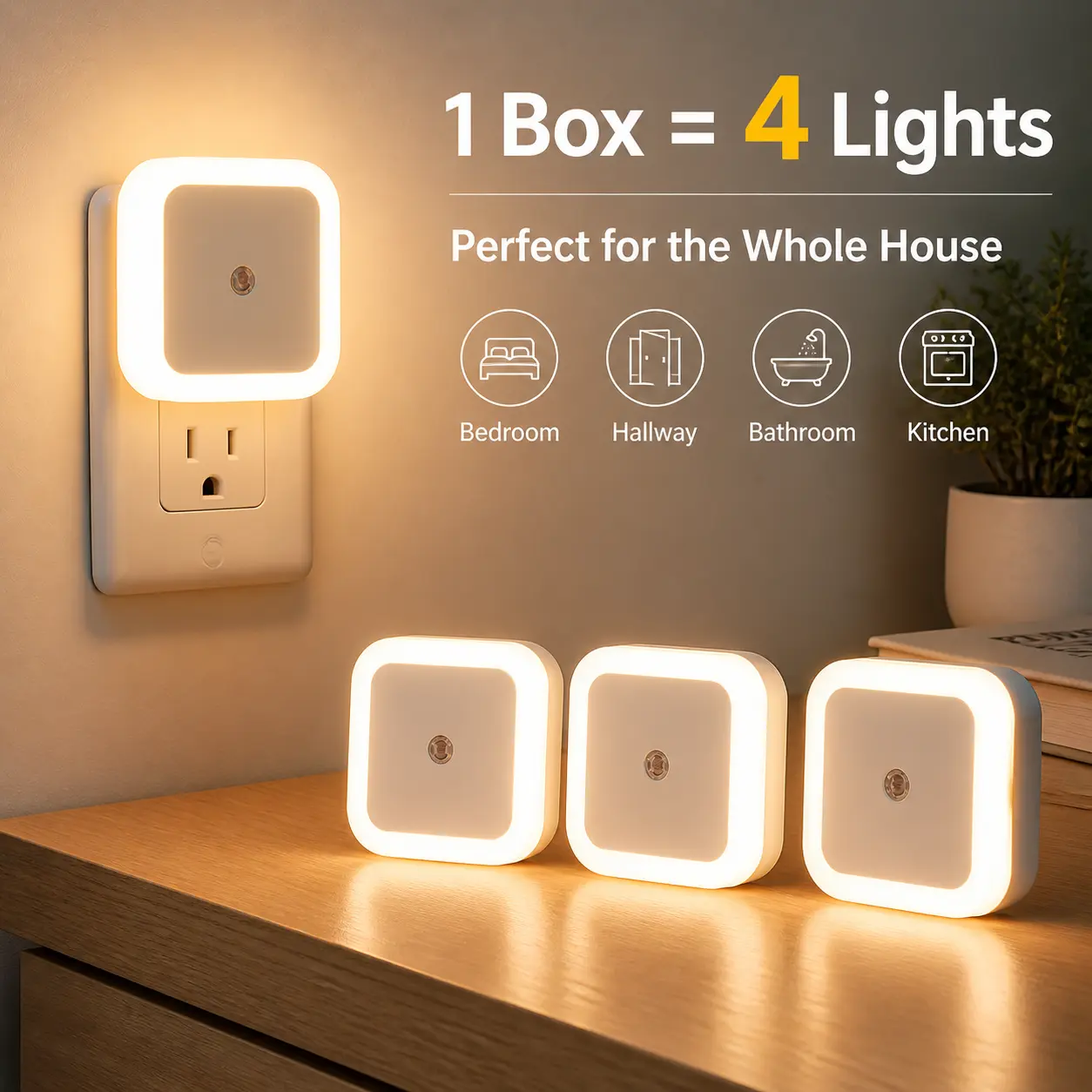 4-Pack LED Night Light with Dusk-to-Dawn Sensor, Plug-in Warm White Night Lights, Automatic On/Off Wall Night Lamps for Bedroom Bathroom Hallway, Soft Ambient Lighting for Home Safety