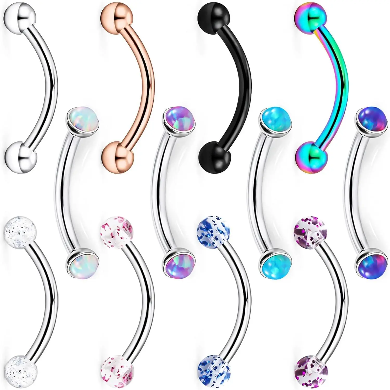 16g 8/10mm Eyebrow/Rook/Snug/Vertical-Labret/VCH/Snake-Eyes/Anti-Tragus/Cartilage/Daith/Belly-Button/Bridge/Hood/Surface Curved Barbell Piercing Jewelry for Women Men