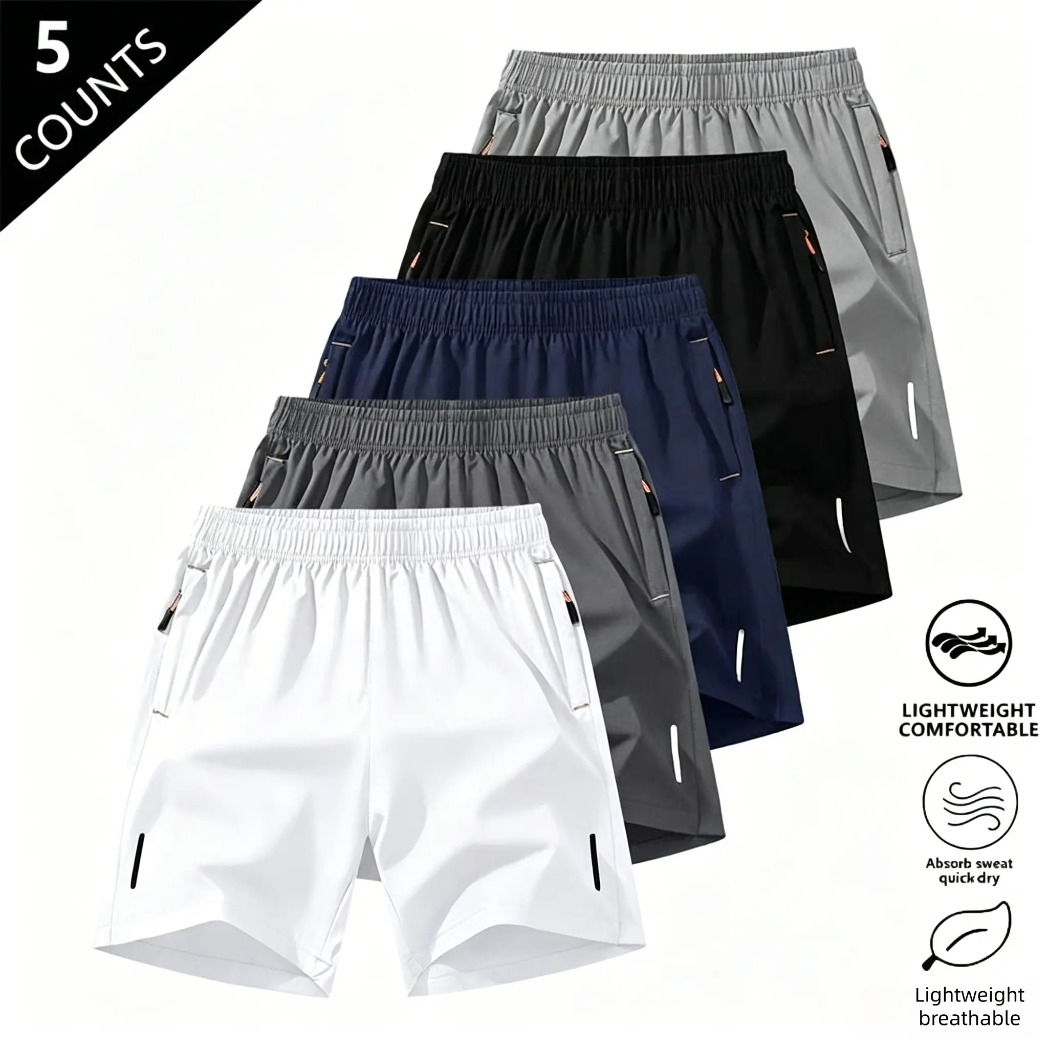Men’s solid-color shorts with zippered pockets — summer casual, comfortable, breathable shorts made from a 97% polyester + 3% spandex blend; men’s bottoms for everyday wear, tropical beige color, multiple specifications available.